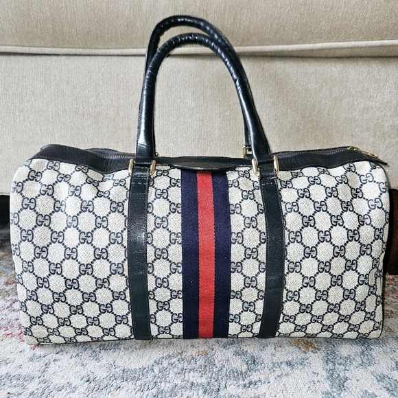 GUCCI BOSTON BAG VINTAGE SHERRY LINE GG SUPREME CANVAS NAVY RED UNISEX - Picture 2 of 13